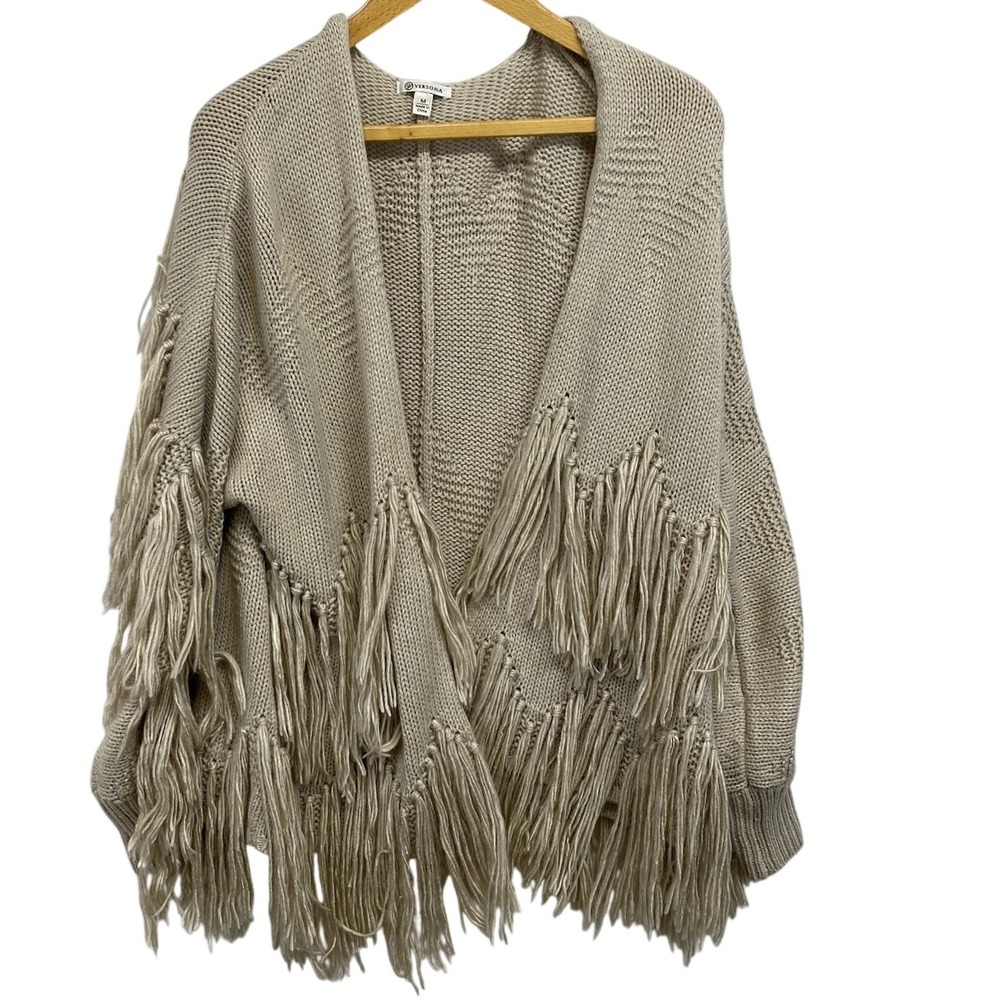 Versona Fringe Knit Cardigan Oversized Beige Open Front‎ Boho Women's M Sweater